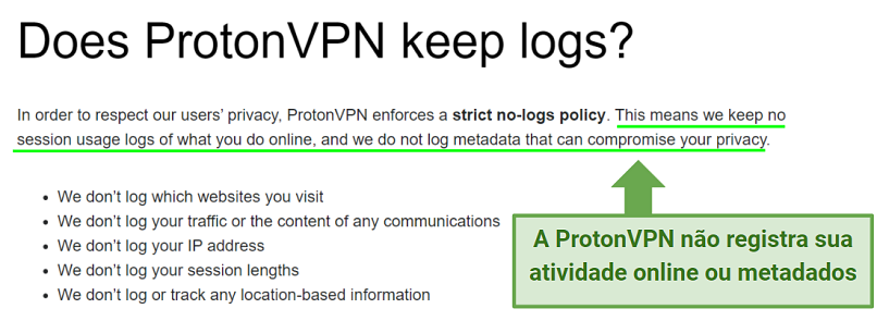 A screenshot of Proton VPN's no-logs policy stating they record no session usage logs or metadata