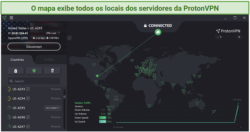 Screenshot of Proton VPN UI, showing its map and server list