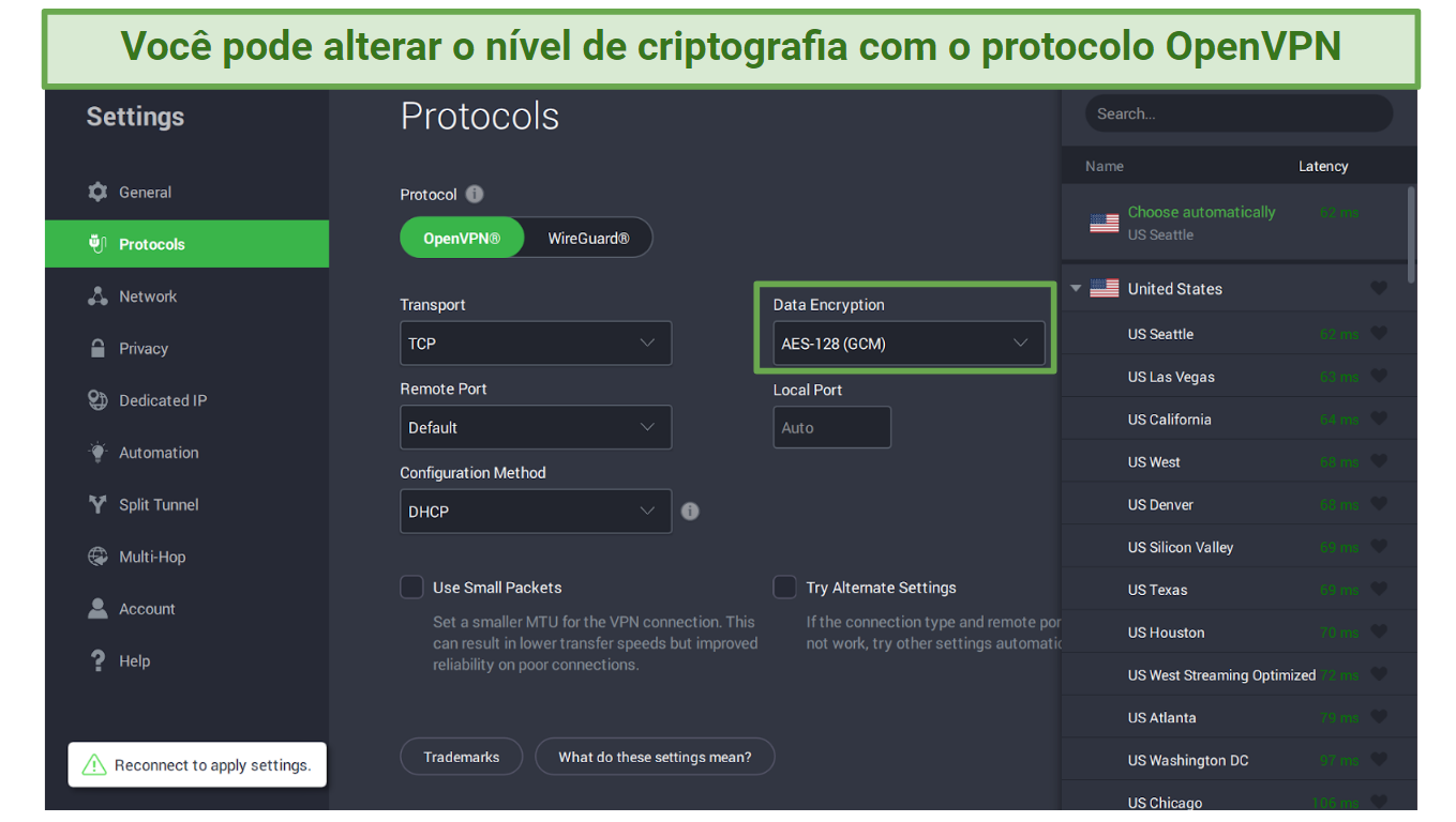 Screenshot of Private Internet Access Protocols menu where you can change encryption levels