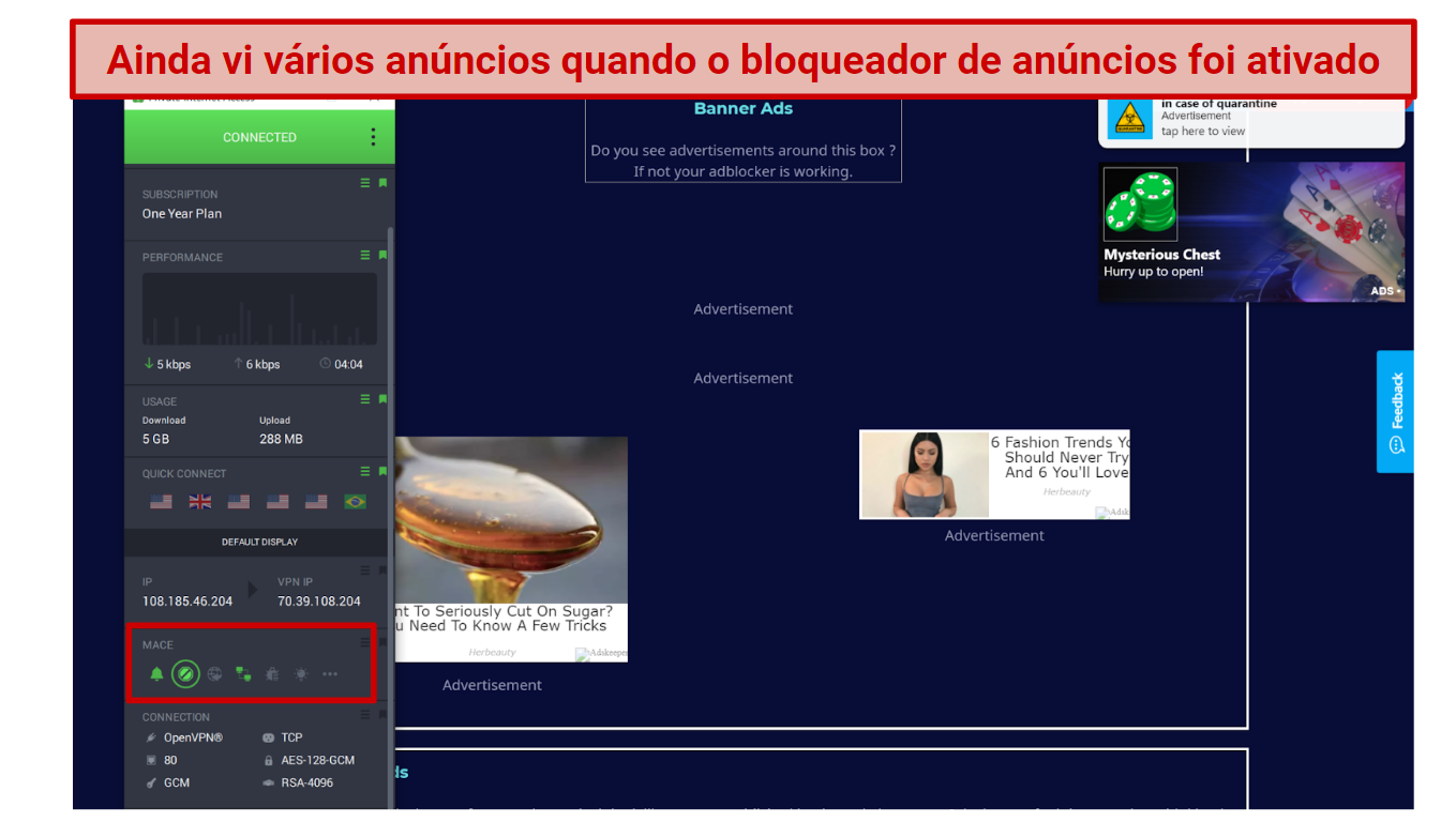 Screenshot of Can You Block It? site accessed while connected to Private Internet Access with MACE ad-blocker activated