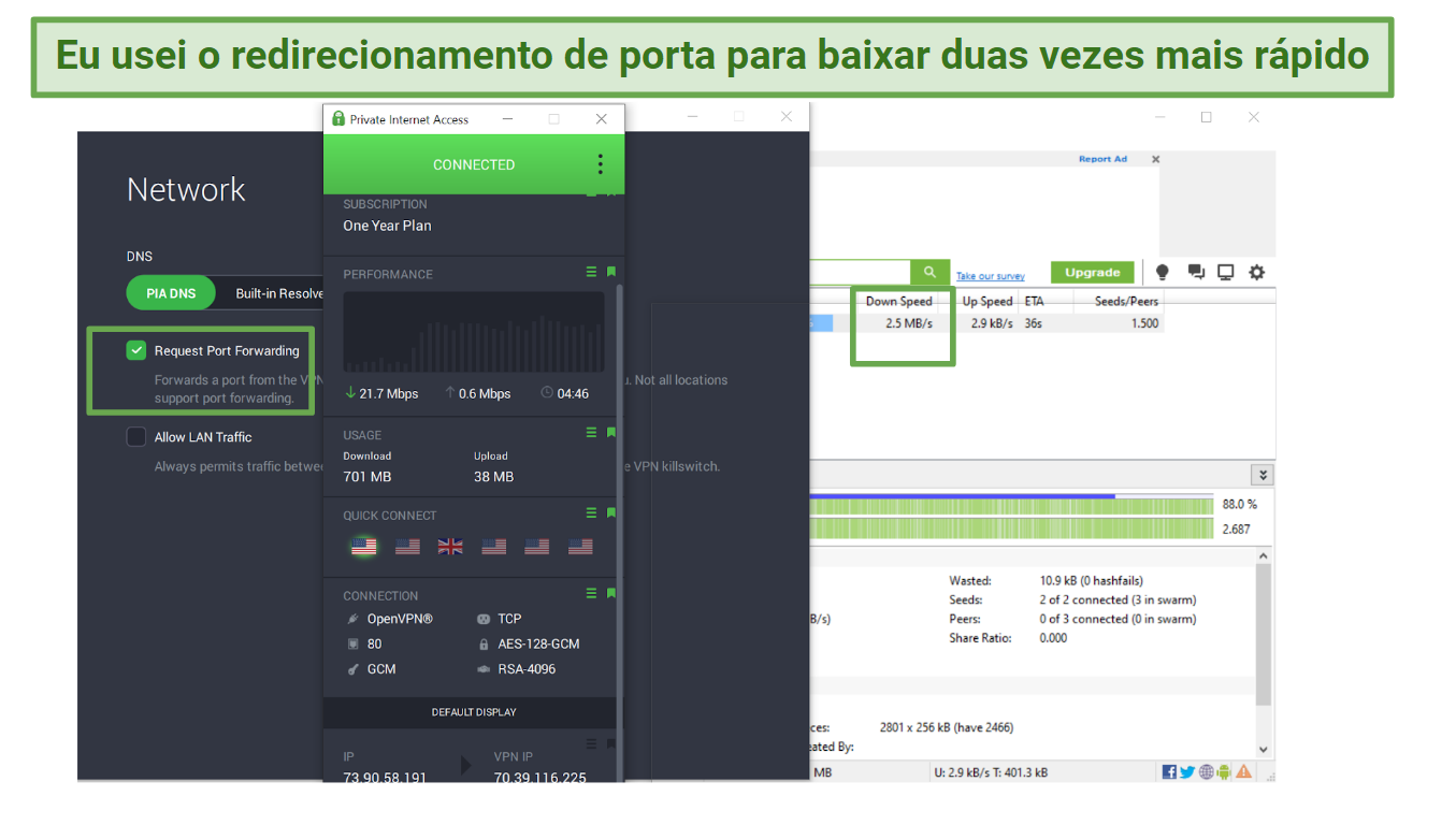 Screenshot of Private Internet Access with port forwarding on while downloading Night of the Living Dead with Utorrent