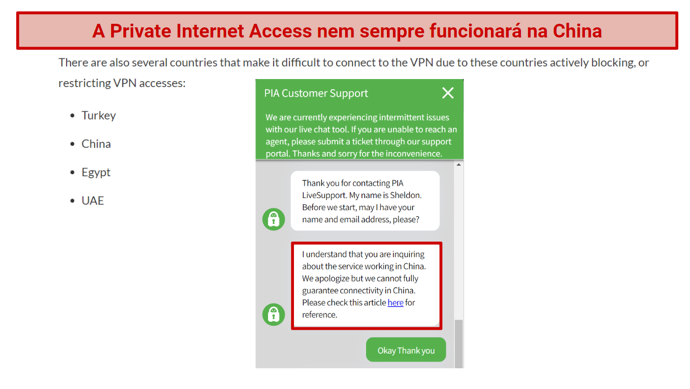 Screenshots of a live chat and FAQs from Private Internet Access that say it won't work in China