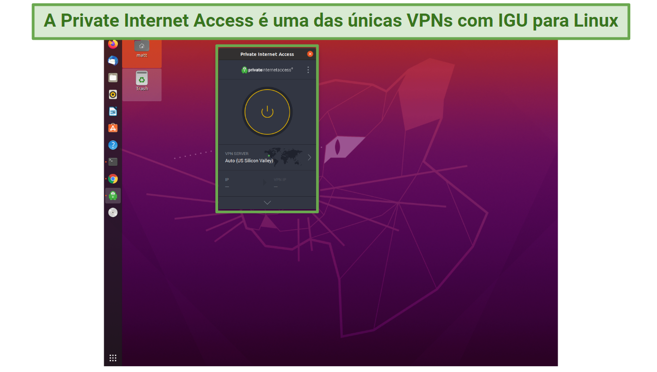 Screenshot of Private Internet Access app's GUI on Linux