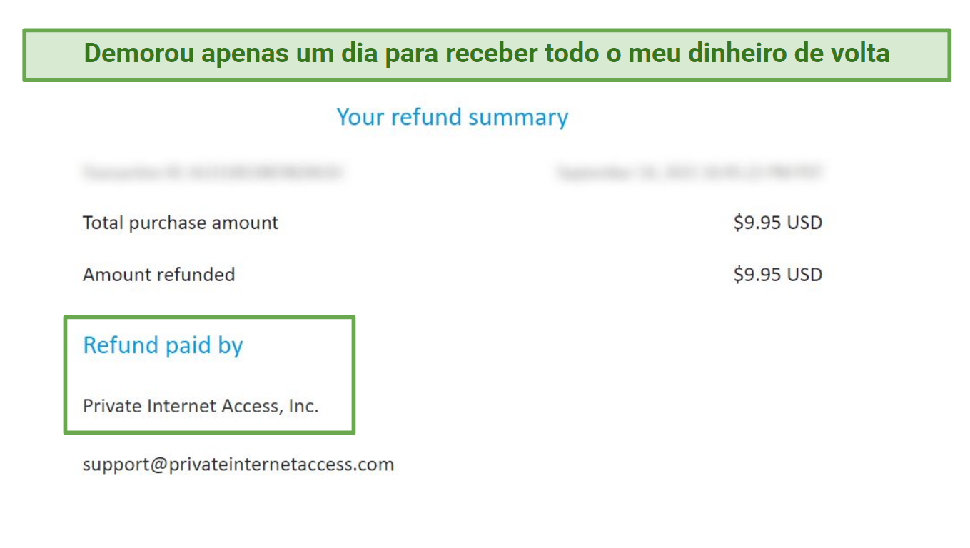 Screenshot of a refund issued by Private Internet Access