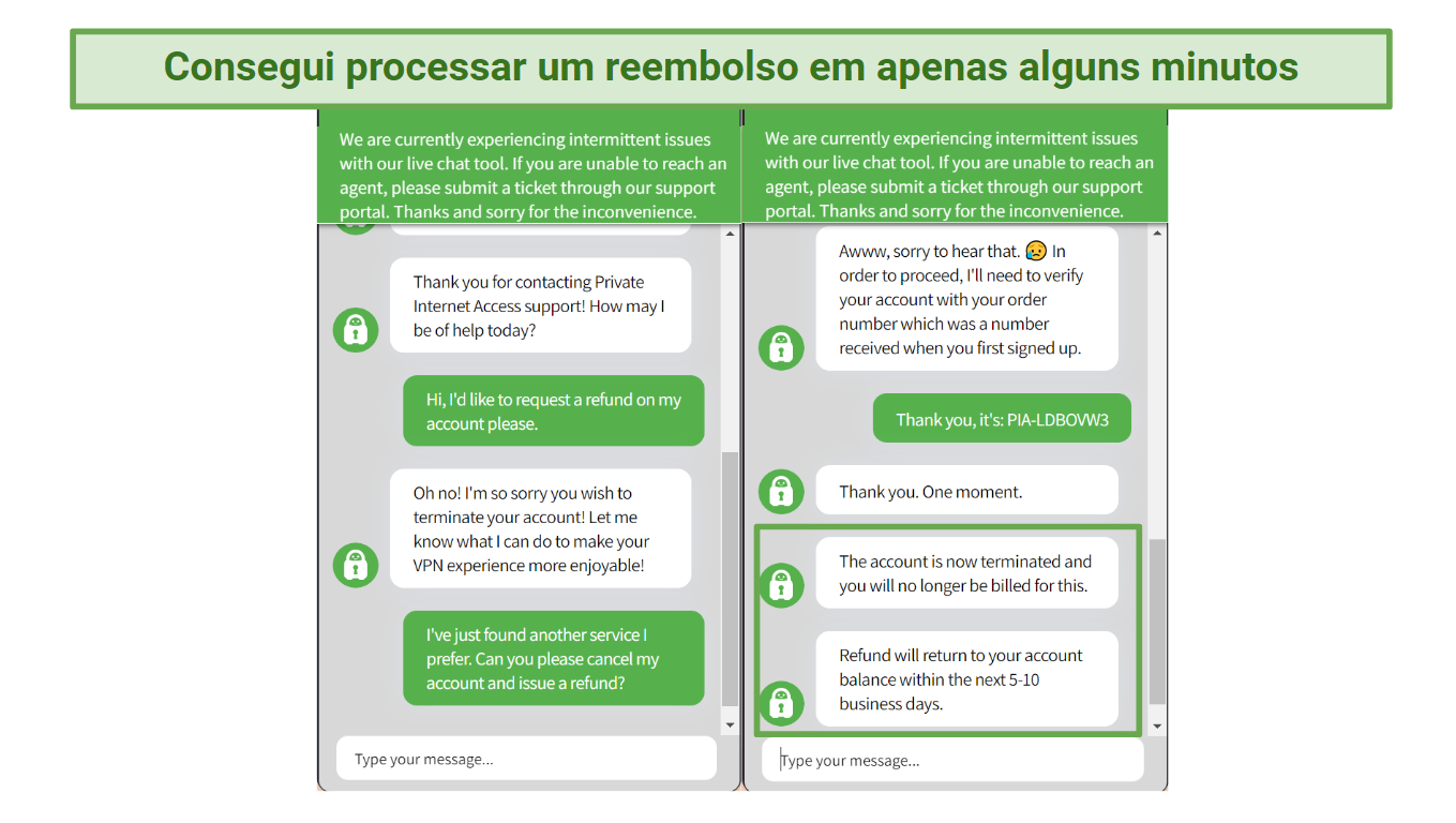 Screenshot of a live chat with Private Internet Access support where I cancelled my account