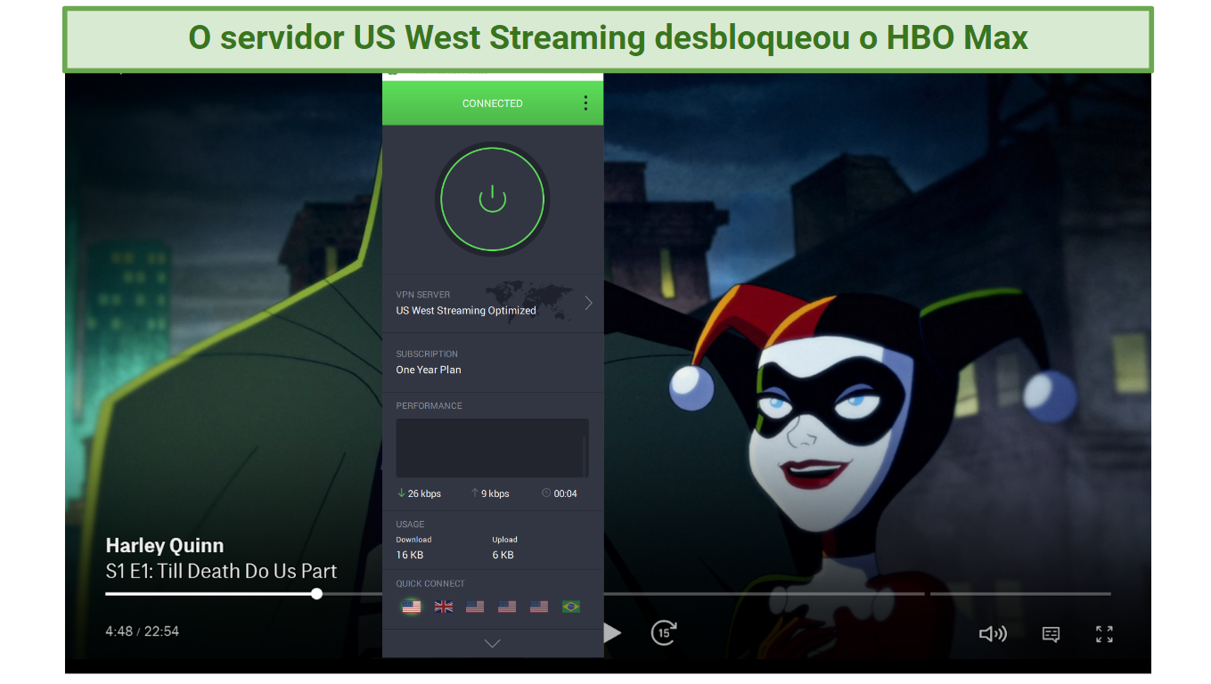 Screenshot of HBO Max player streaming Harley Quinn unblocked with Private Internet Access