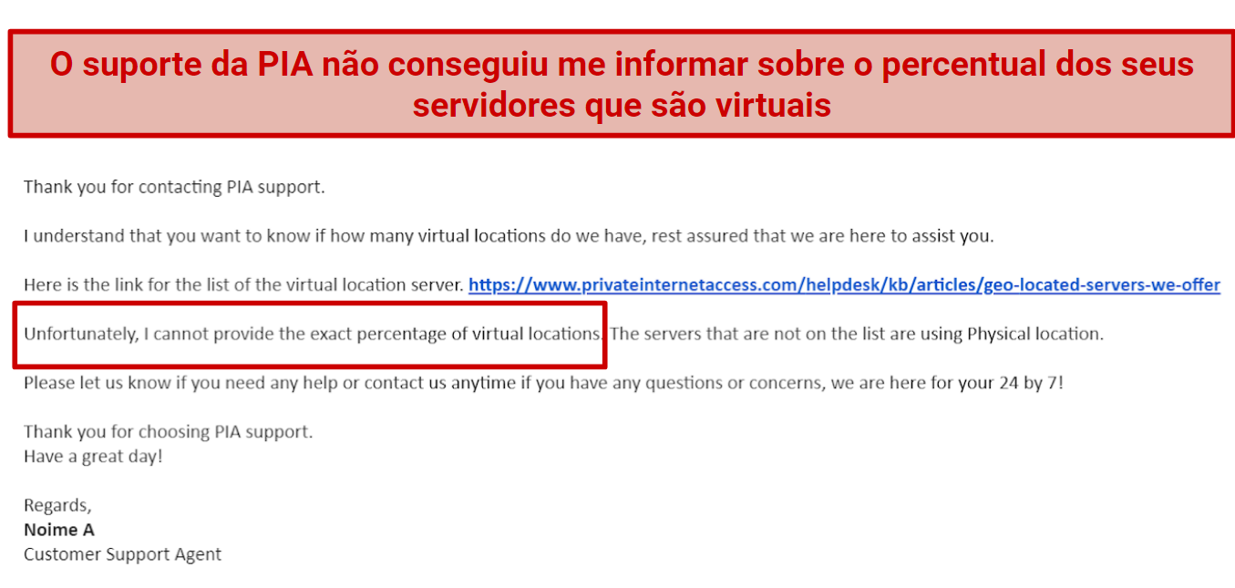 Screenshot of an email with PIA support where they don't know what percentage of their servers are virtual