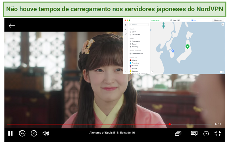 A screenshot of the Netflix player streaming Alchemy of Souls while connected to NordVPN