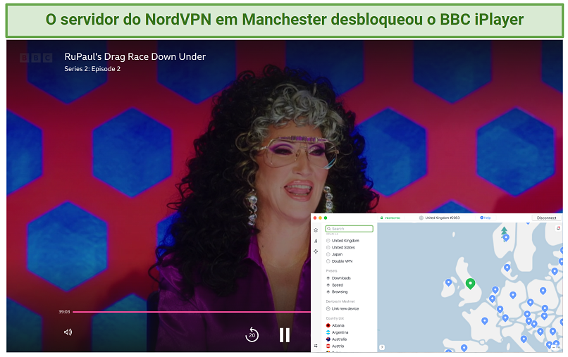 Screenshot of BBC iPlayer streaming RuPaul's Drag Race Down Under while connected to NordVPN 