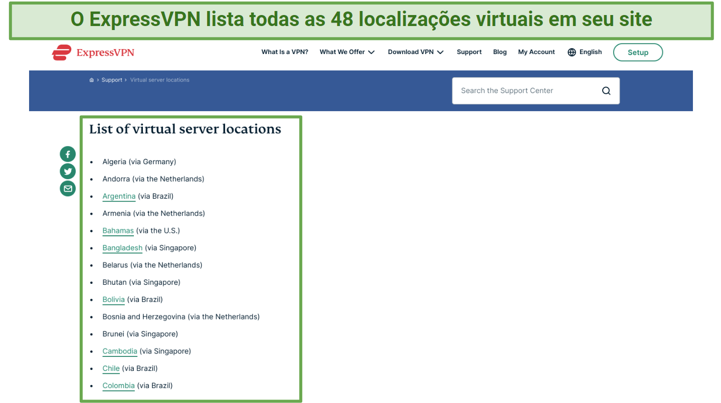 Screenshot of the Virtual server list on ExpressVPN's website