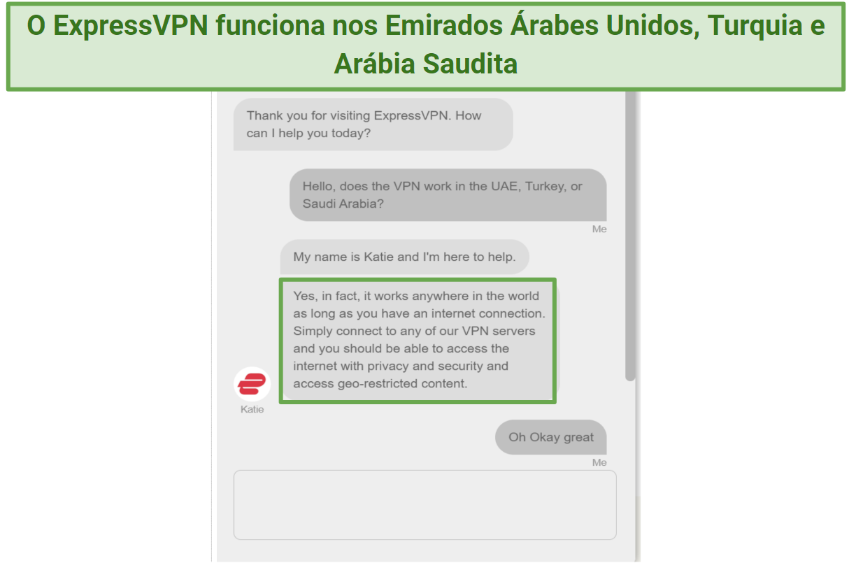 Screenshot of chat with ExpressVPN support staff confirming it works worldwide