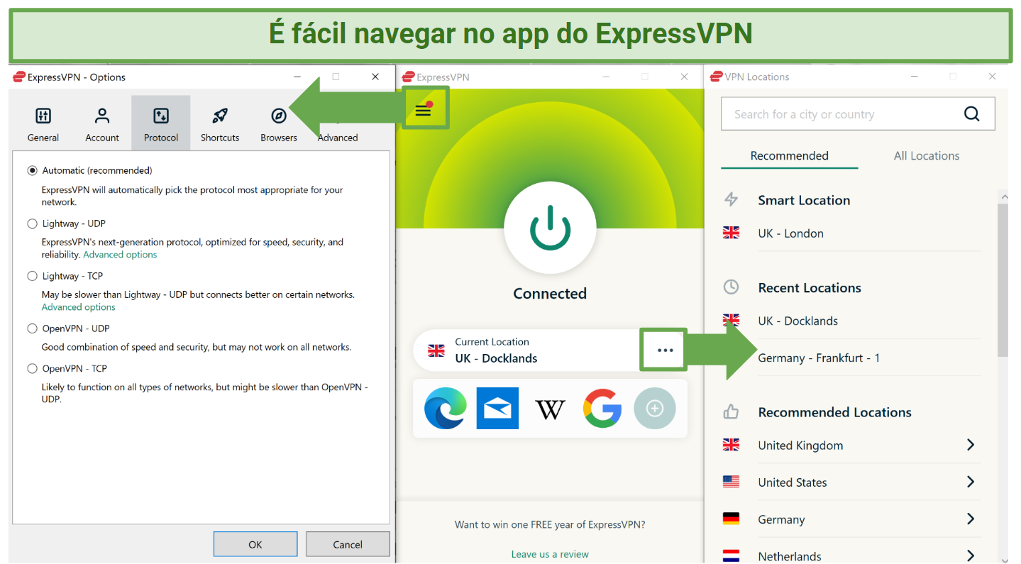 Screenshot of ExpressVPN Windows app showing the home screen, server list, and options page