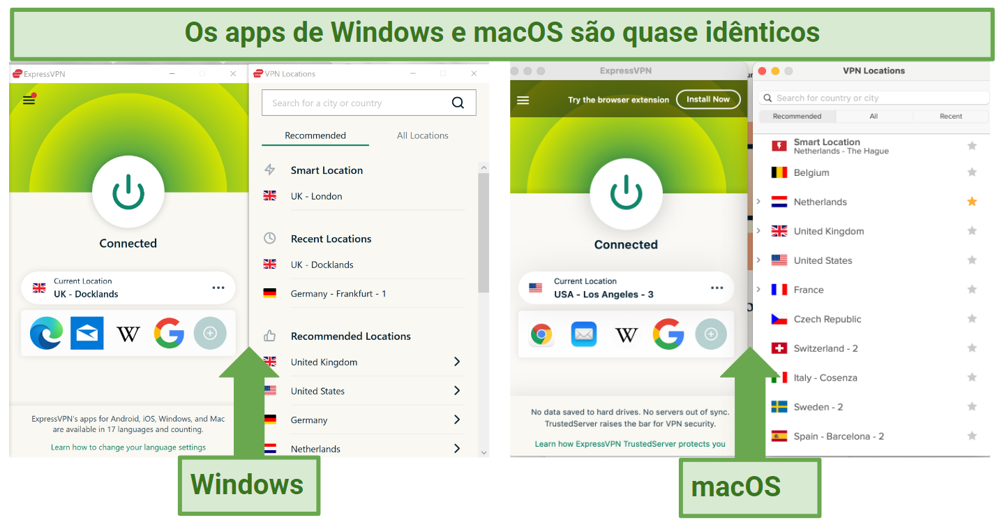 Screenshots of the ExpressVPN Windows and Mac apps side-by-side