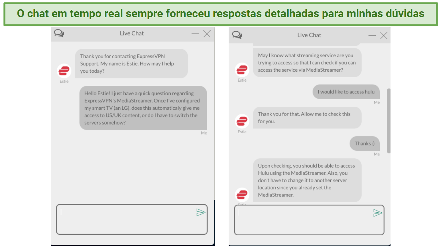 Screenshot of live chat support agent answering questions about ExpressVPN's MediaStreamer