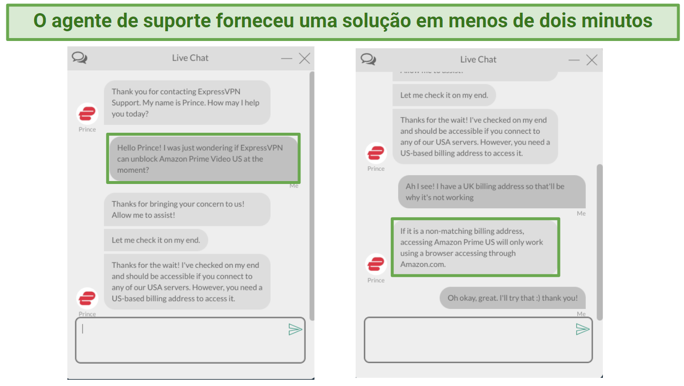 Screenshot of ExpressVPN's live chat support agent helping me access US Amazon Prime Video