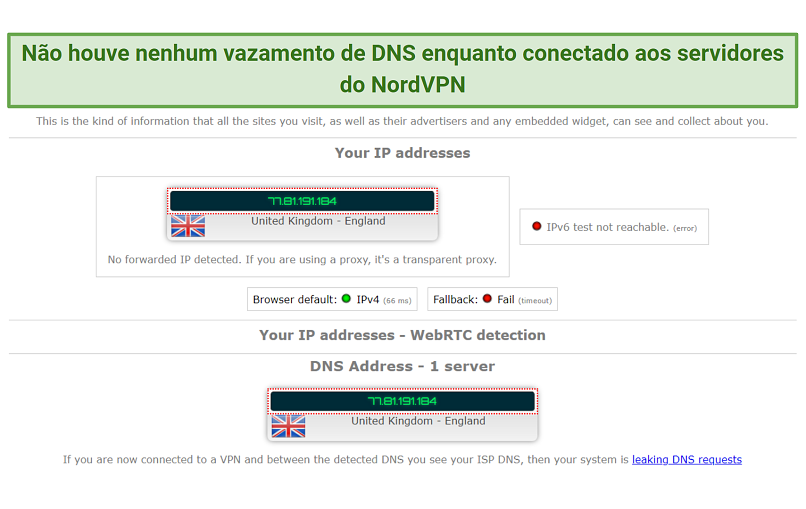 A screenshot of NordVPN's DNS leak tests