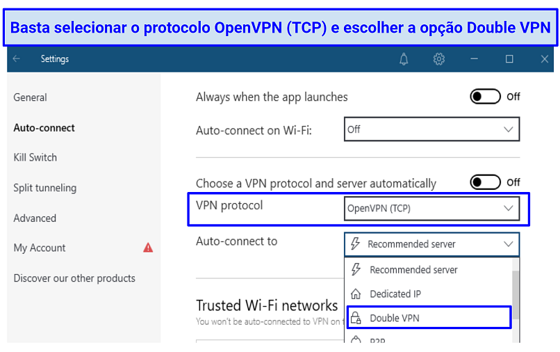 A screenshot of NordVPN's double VPN settings