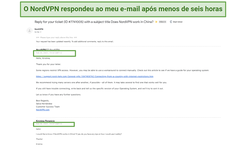 A screenshot of NordVPN's reply after sending a question to customer support