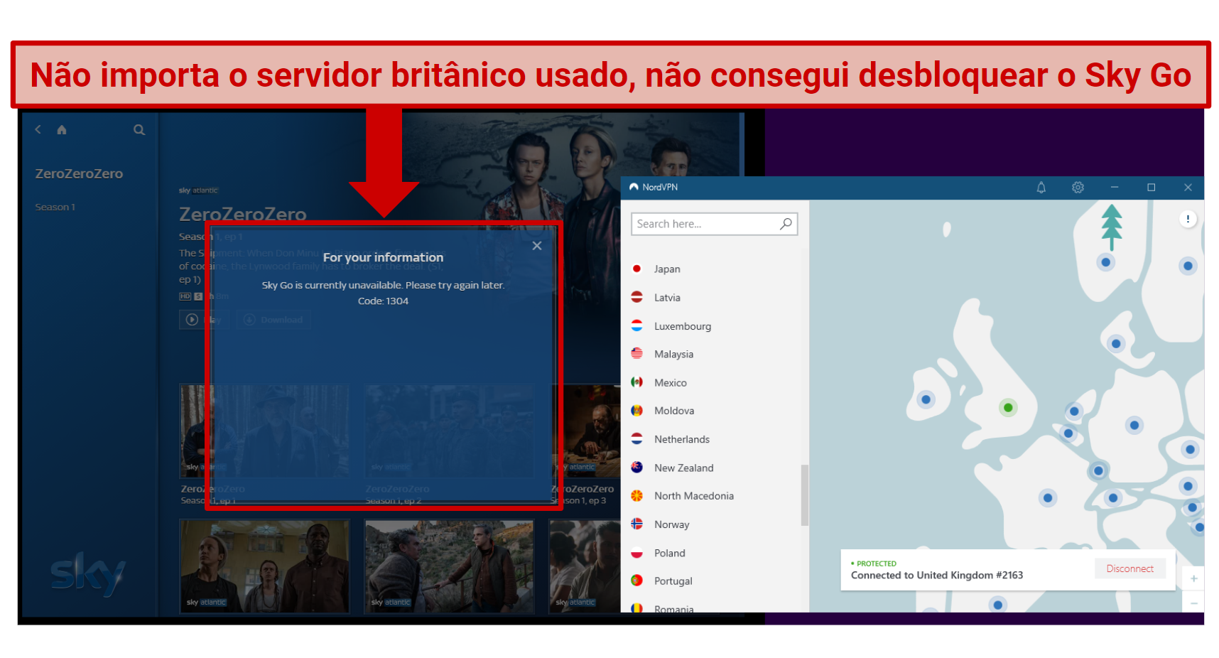 A screenshot of NordVPN not being able to unblock SkyGo