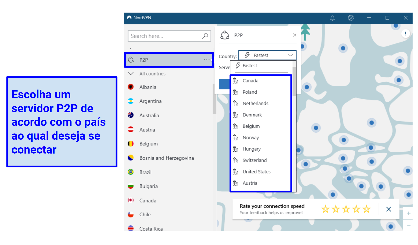 A screenshot of NordVPN's P2P server network