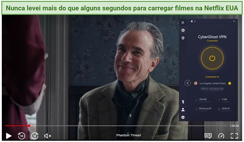 Screenshot of Netflix player streaming Phantom Thread while connected to CyberGhost VPN