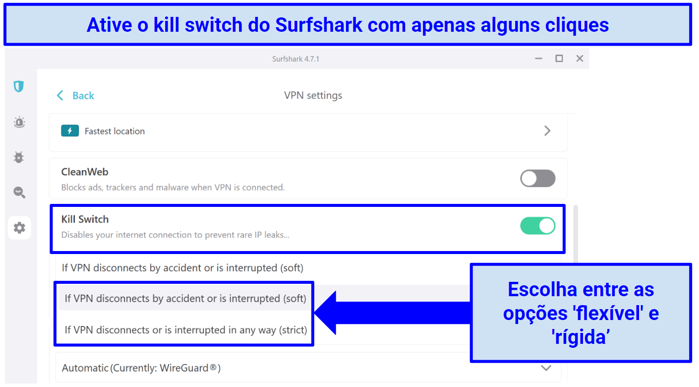 Screenshots showing how to enable Surfshark's soft or strict kill switch