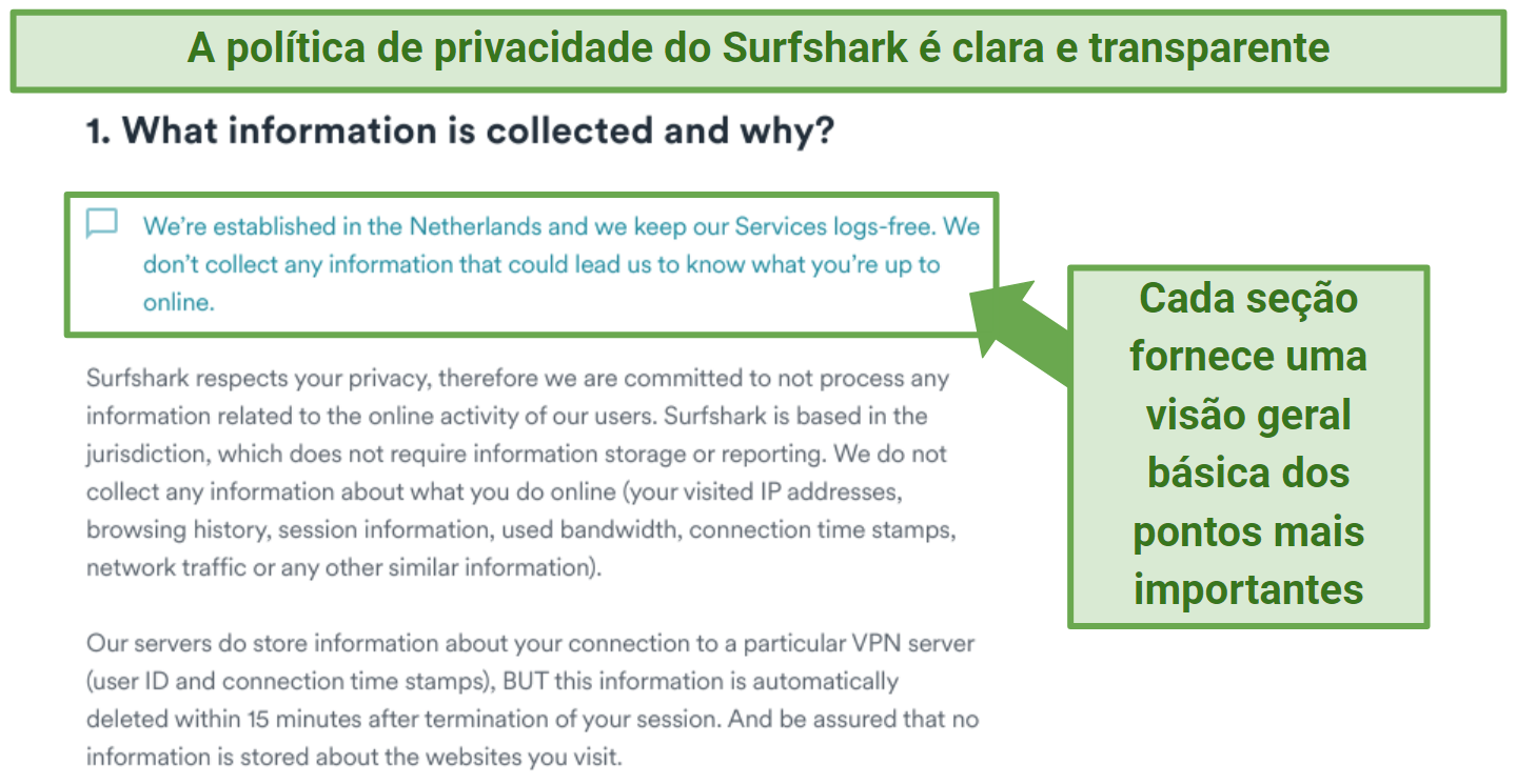 Screenshot showing Surfshark's privacy policy ensuring it stores no identifiable data