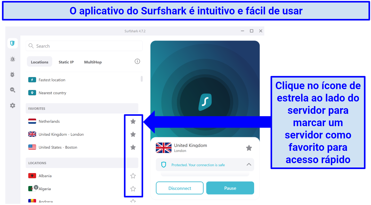 Screenshot showing how to save servers as favorites on Surfshark