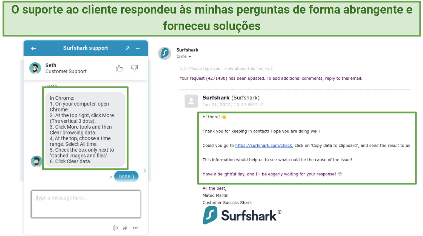 Screenshot showing conversation on Surfsharks live chat and email ticketing system