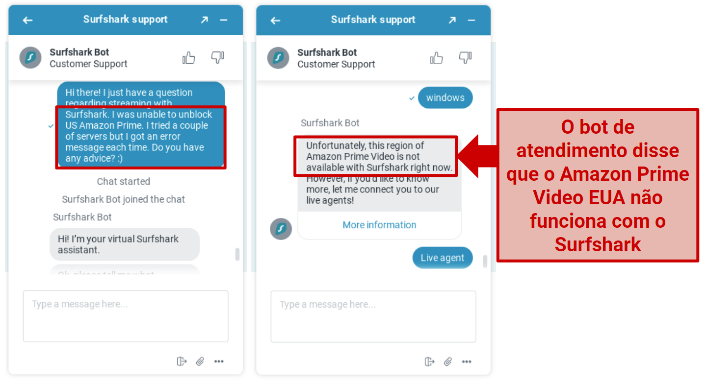 Screenshot of conversation with Surfshark rep explaining it can't unblock Amazon Prime Video