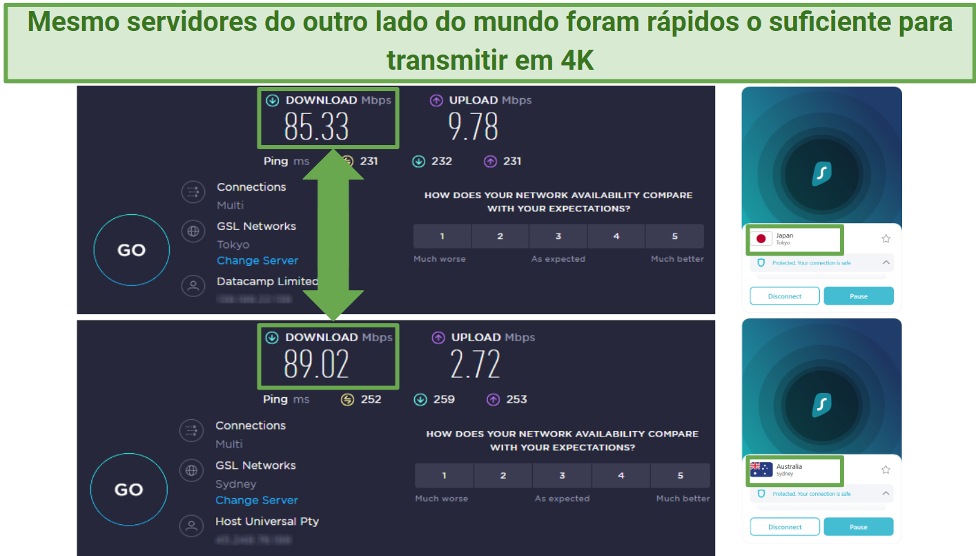 Screenshots of Ookla speed tests done while connected to Surfshark servers in Japan and Australia