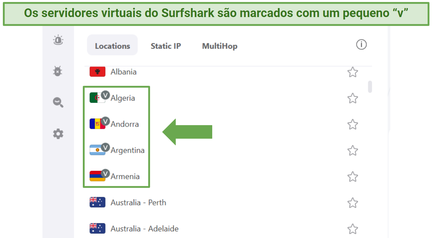 Screenshot of Surfshark's app showing virtual servers