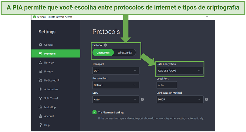 Image showing different customizable security settings of PIA