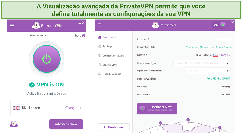 Screenshot showing PrivateVPN's interface