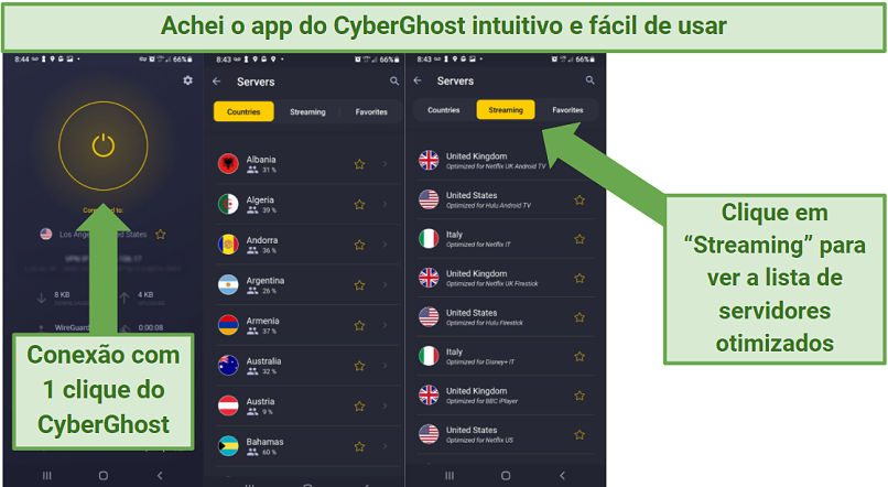 Screenshot of Cyberghost's Android app, indicating where to find its list of optimized servers and where to click 