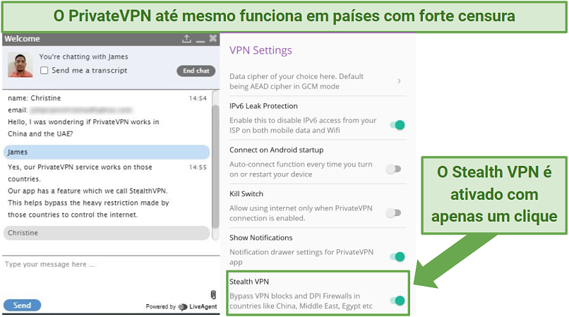 Indication within PrivateVPN's Android app of where to locate Stealth VPN in its settings