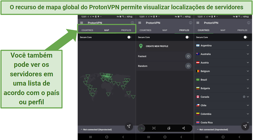 Screenshot of Proton VPN's Android app, showing its world map feature for viewing server locations