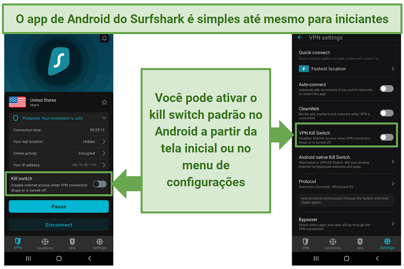 A screenshot of Surfshark's Android app showing the kill switch option on the main screen and in the Settings menu