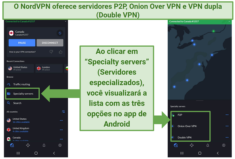 A screenshot of NordVPN's Android app showing the 3 different specialty server options