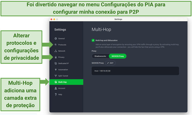 Screenshots of the PIA Settings menu with Multi-Hop selected