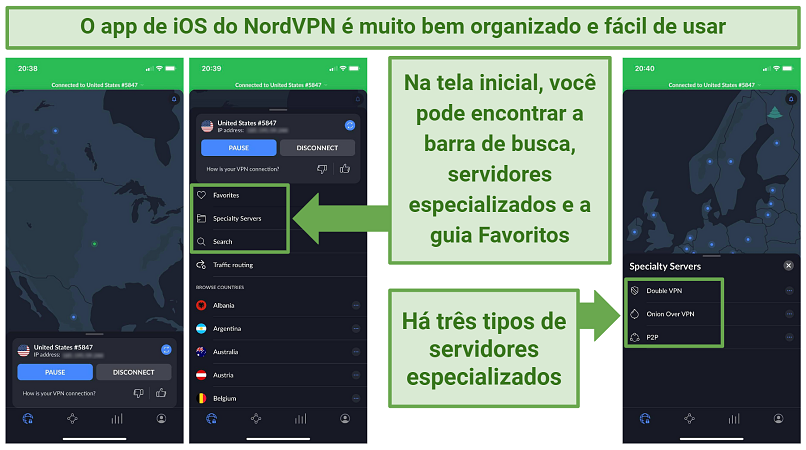 Screenshots of NordVPN's iOS app showing its main screen and the specialty servers