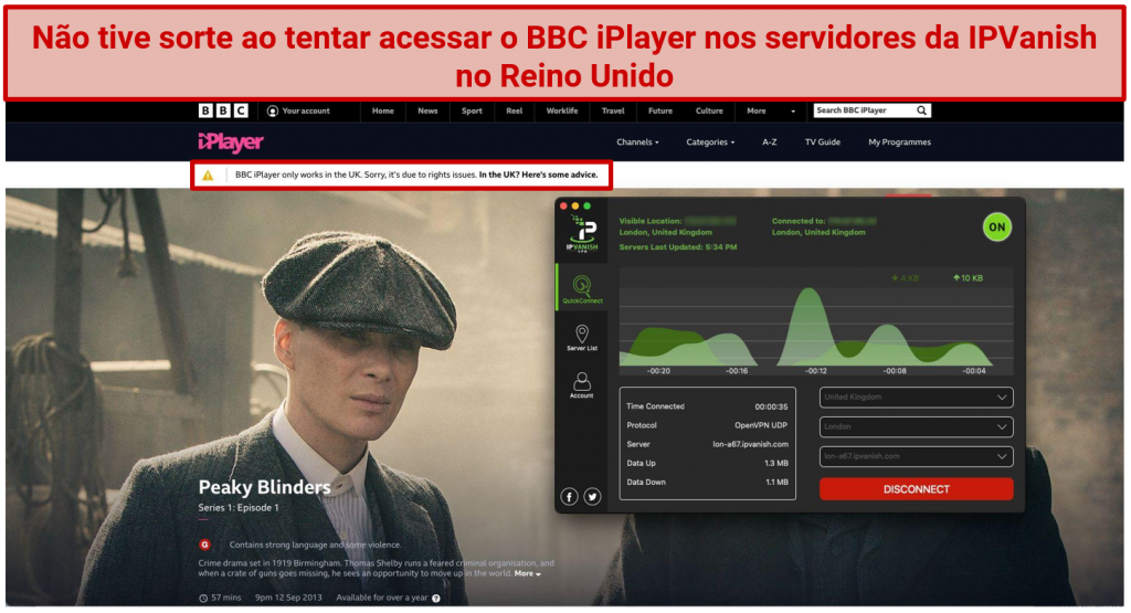 Graphic showing IPVanish with BBC iPlayer