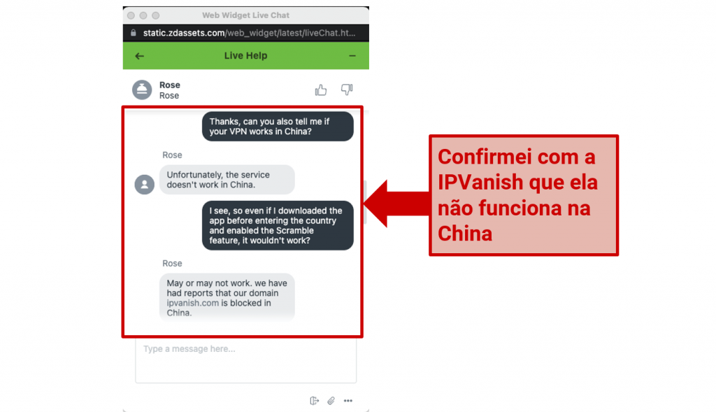 Graphic showing IPvanish chat about China
