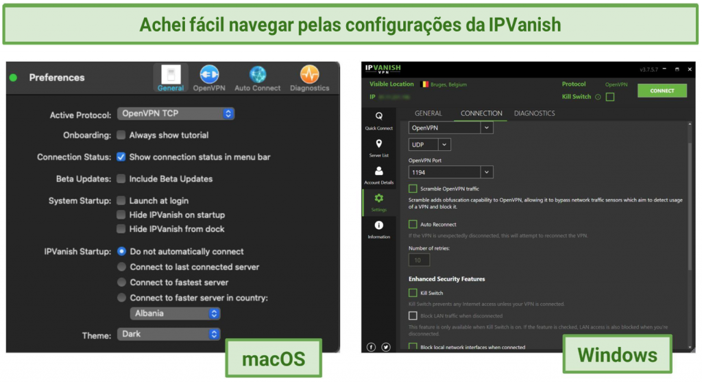 Screenshots showing IPVanish's settings menu on its macOS and Windows app