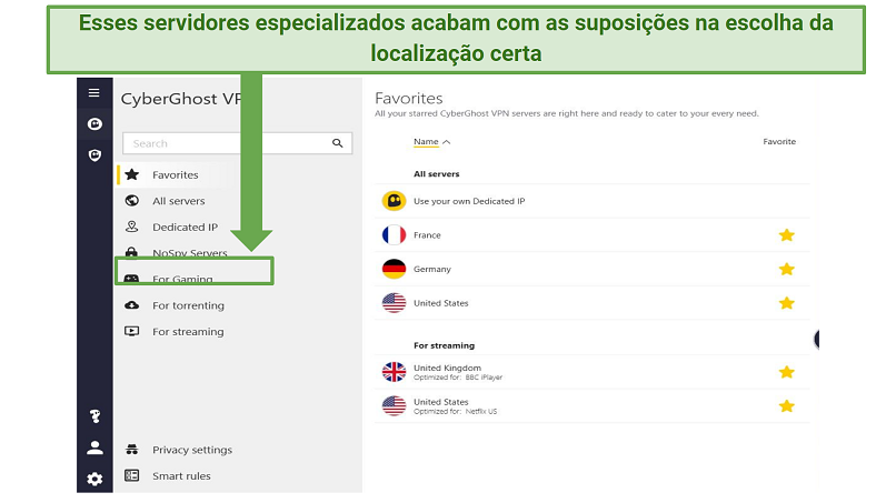 Screenshot showing where to find CyberGhost's gaming servers