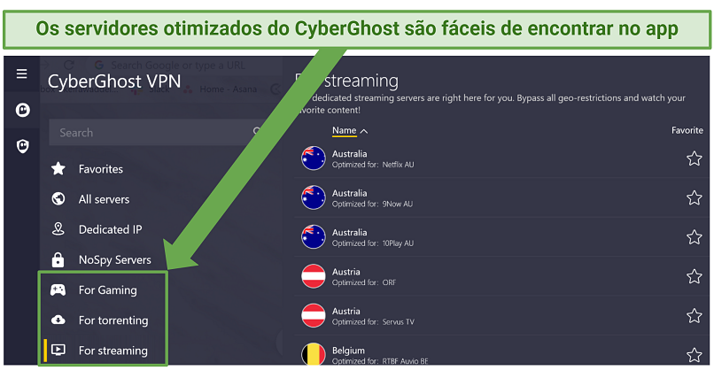 screenshot of CyberGhost's optimized servers in the app