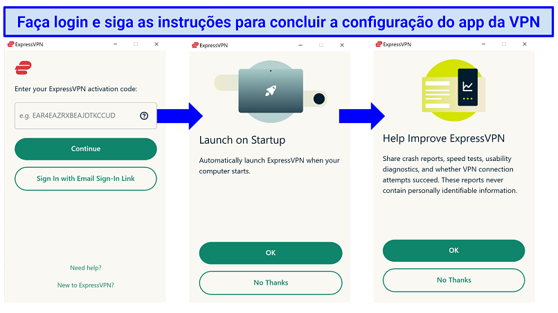 Screenshots of ExpressVPN's set-up prompts