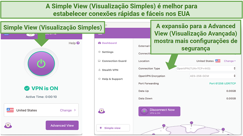 Screenshot showing PrivateVPN's Simple and Advanced views