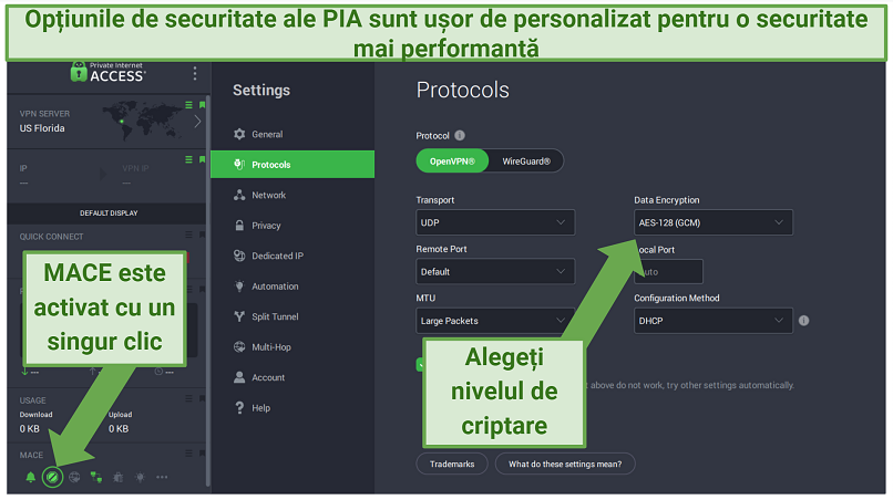 PIA Windows app displaying how to customize different security features and enable MACE