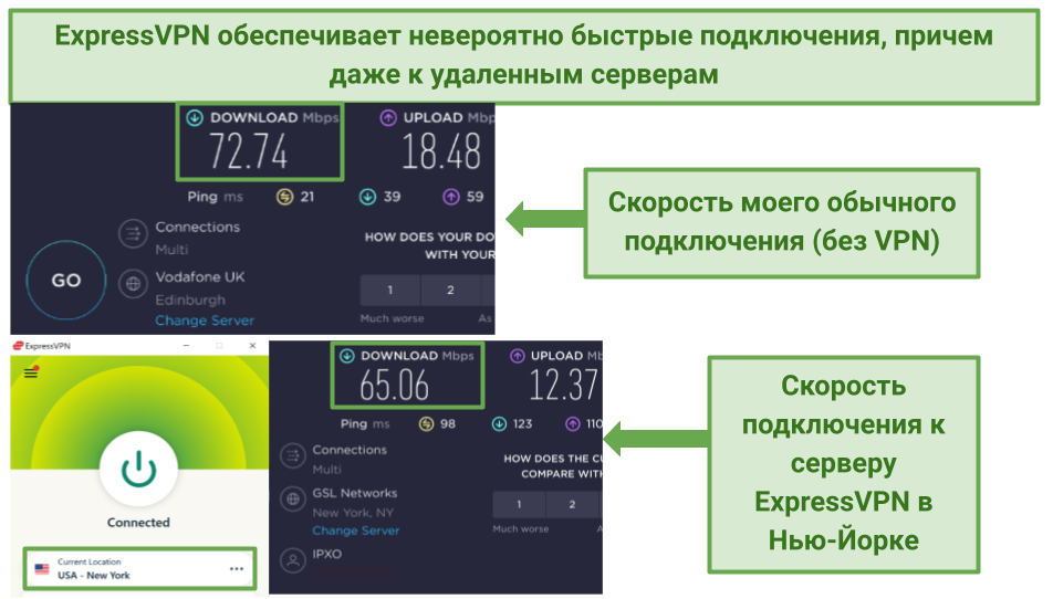 Screenshots of ExpressVPN's speed tests